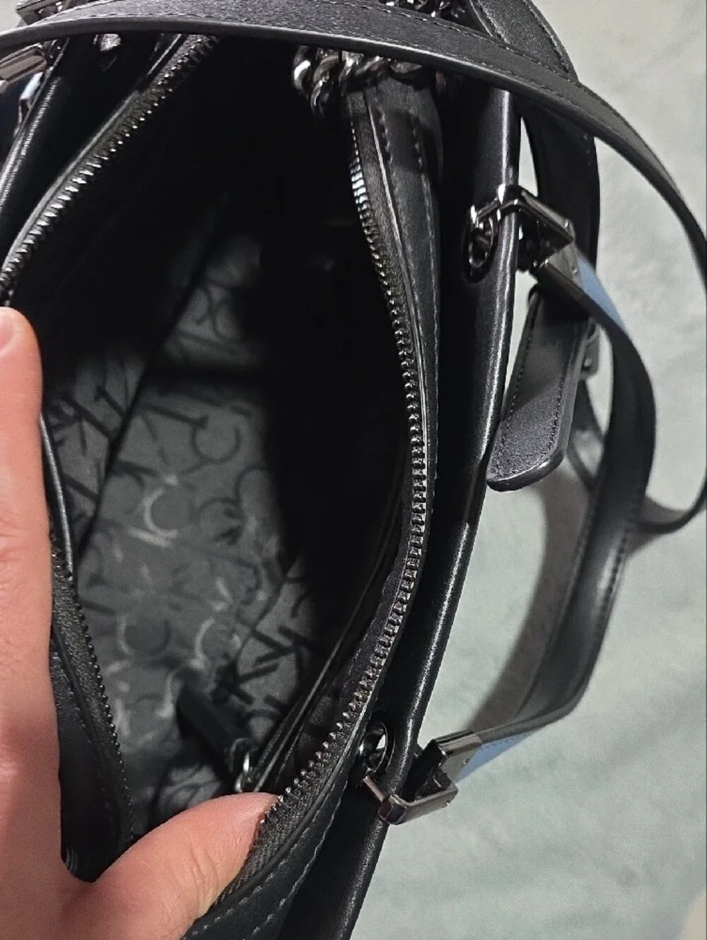 Calvin Klein Beige Monogram Satchel with Black Trim and Blue Tag